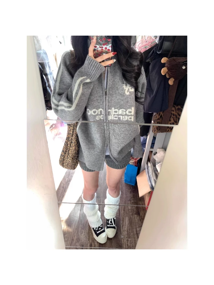 oversize！棒球风翻领拉链毛衣开衫女外套秋装新款韩版宽松针织衫