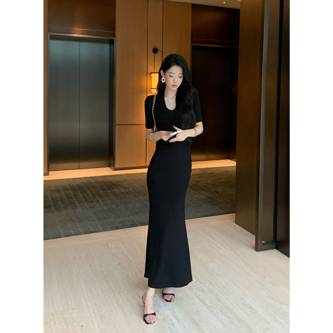 JIJINQI夏季赫本风连衣裙气质显瘦性感复古黑色长裙 JD07LZPT1507
