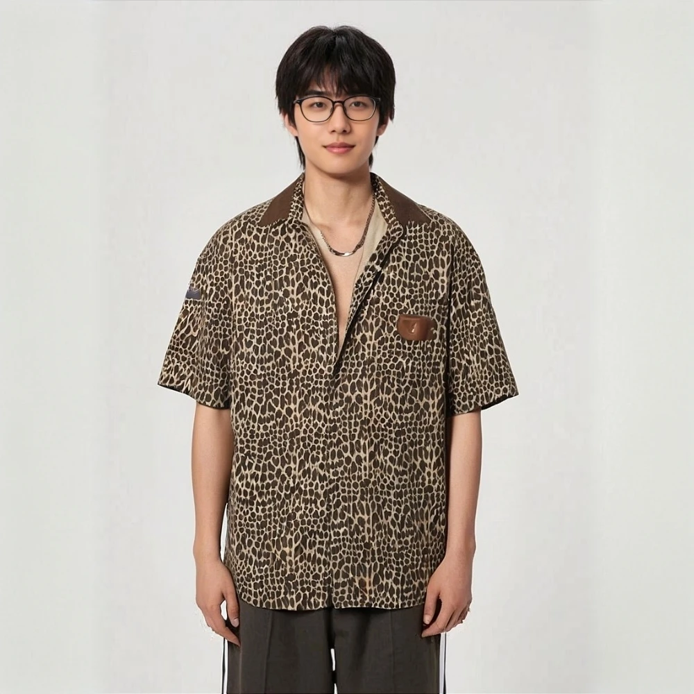 豹纹短袖青春活力复古设计感夏季翻领衬衫宽松休闲衬衣男装青少年