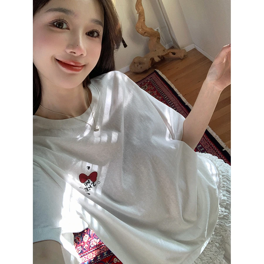 张贝贝 加州甜豆~ 雪花棉 蕾丝蝴蝶结kt印花tee