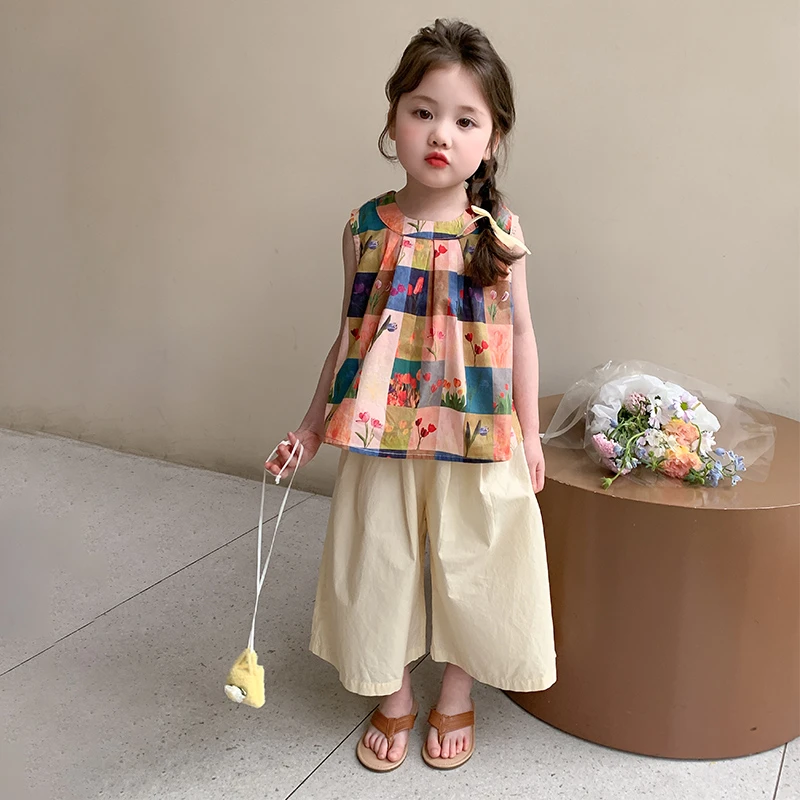 女童无袖套装洋气儿童夏季2025新款女宝宝阔腿裤两件套小女孩时髦