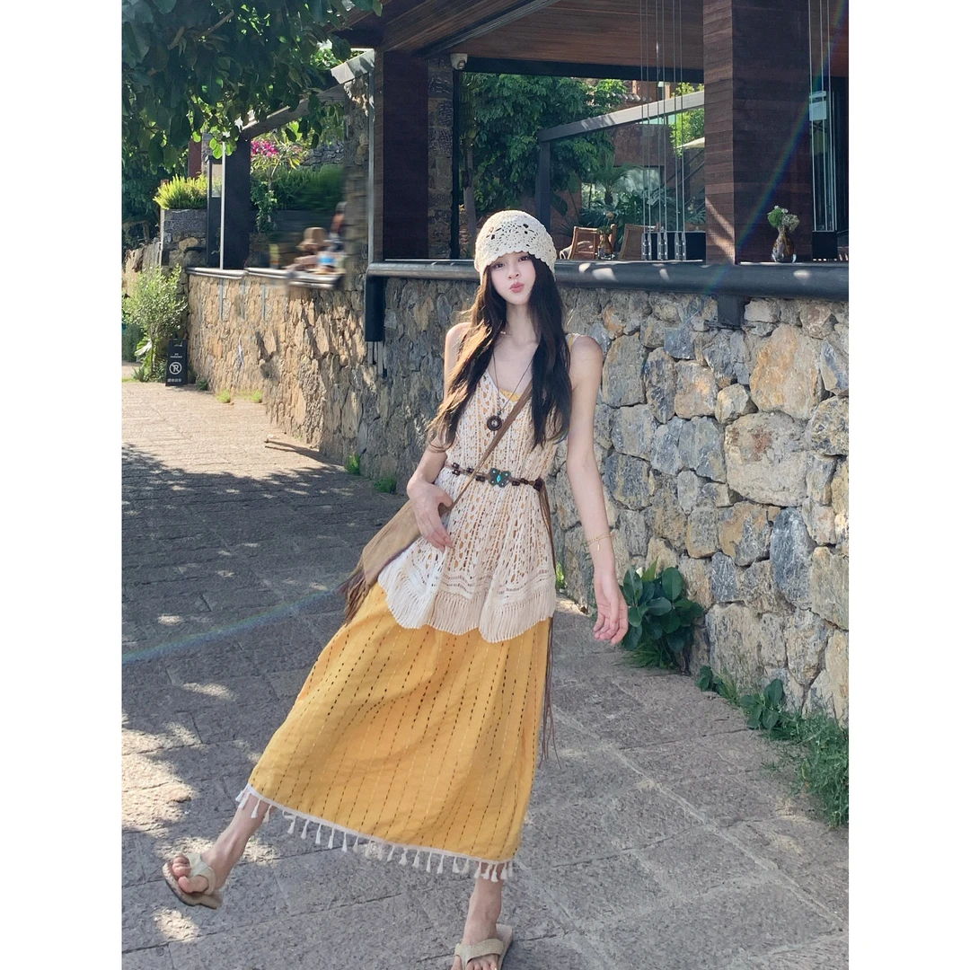 实拍 2025夏季新款波西米亚民族风镂空流苏开衫吊带连衣裙套装女