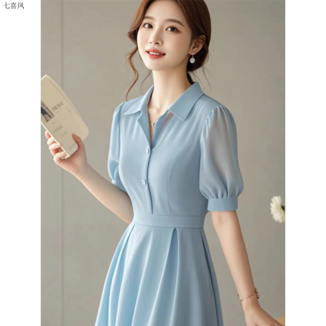新款高级感小个子气质蓝色连衣裙女装聚酯纤维夏季火法式宽松型潮