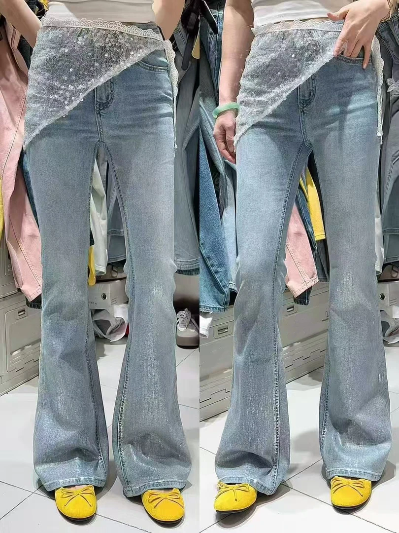 【89159】佰#高腰直筒微喇牛仔裤【配蕾丝】