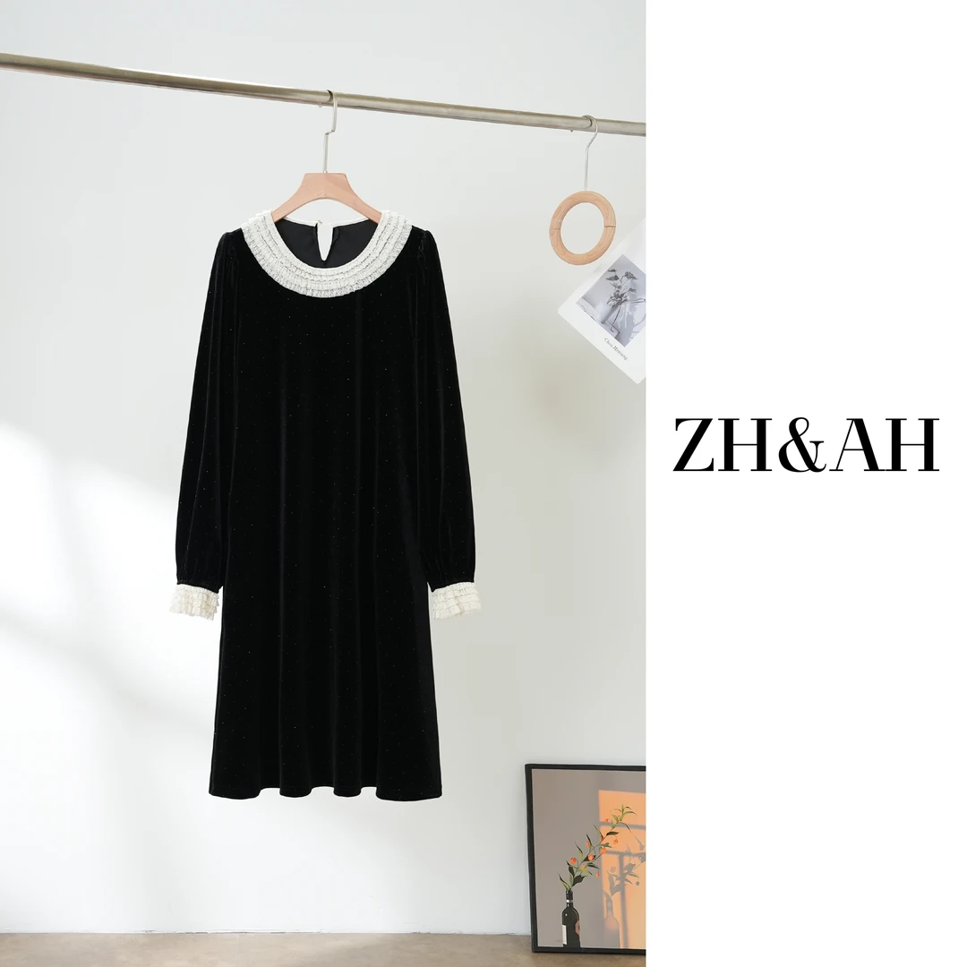 ZH&AH【洛克古堡】秋季新款时尚气质百搭孕期满天星金丝绒连衣裙
