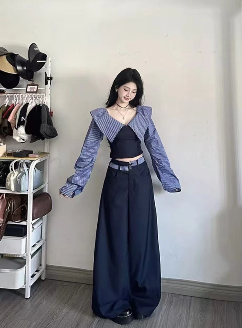 【莹莹推荐】复古撞色条纹拼接长袖衬衫春季学院风阔腿裤短裙套装