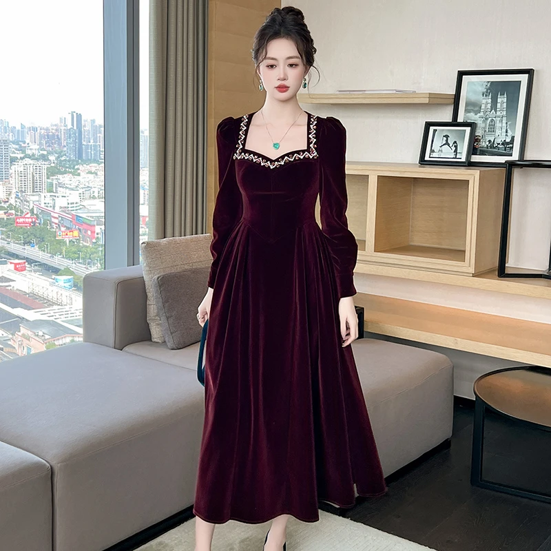 优雅轻奢气质晚礼服宴会气质修身结婚法式显瘦酒红色连衣裙80306