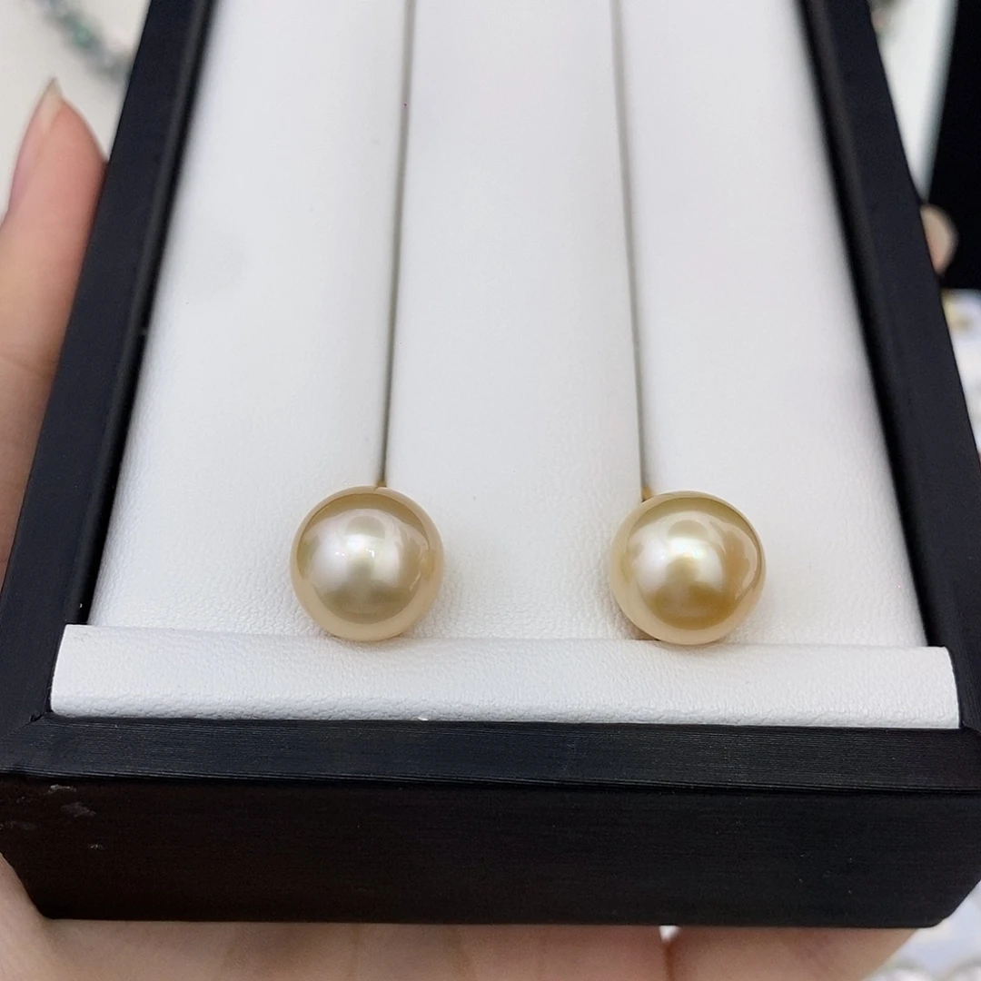 银S925镶嵌耳饰海水珍珠12-13mm金珠耳钉