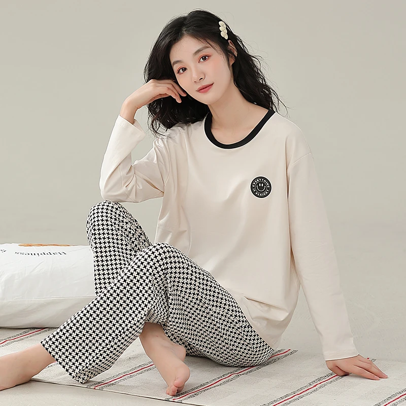 2333女士睡衣春秋季纯棉长袖圆领秋冬家居服套装加大码