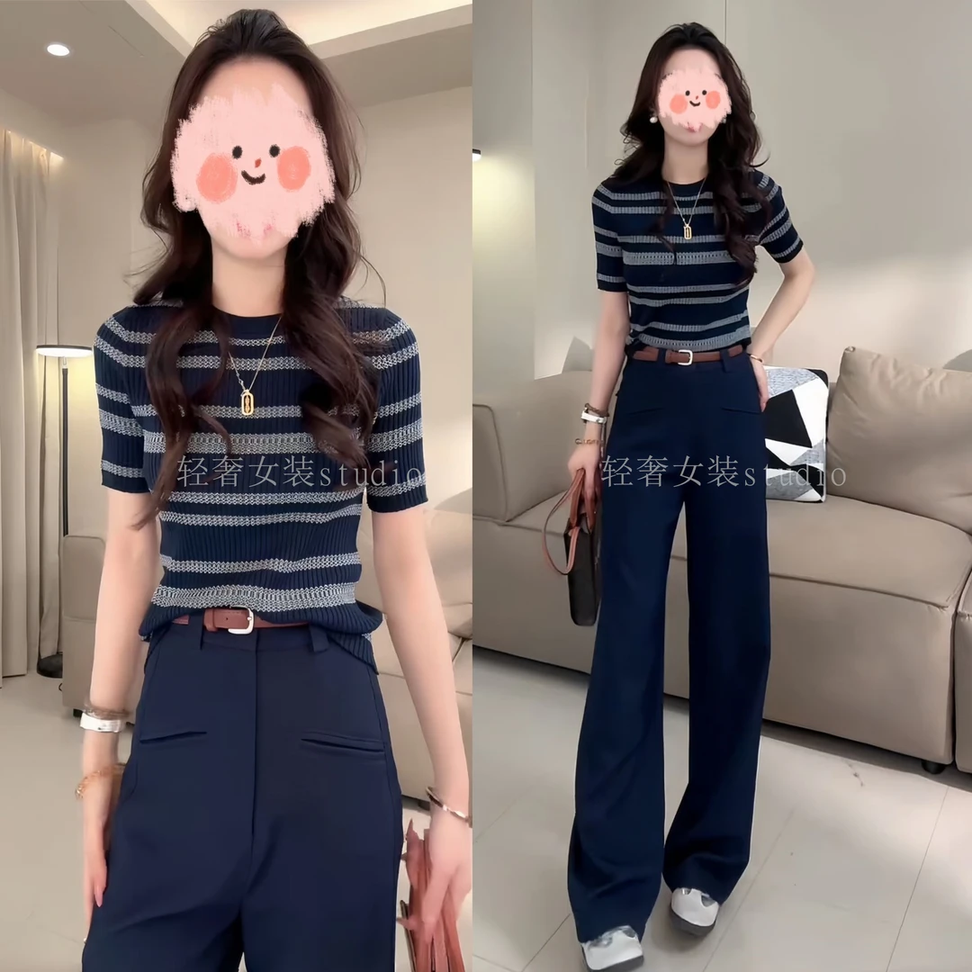 网红洋气炸街女装2025夏季撞色条纹短袖针织上衣百搭休闲裤套装女