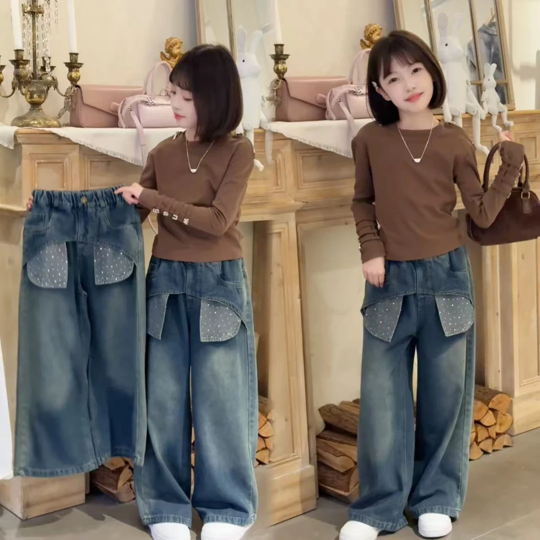 女童拼接烫钻牛仔裤炸街长袖上衣2025秋季新款阔腿裤中大童