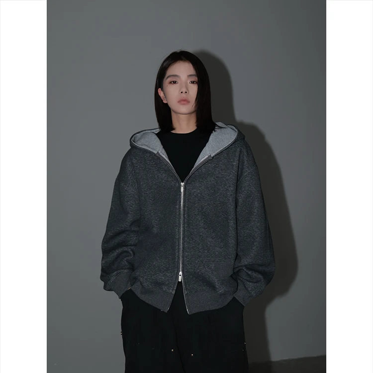 460G重磅拼色开衫卫衣男女同款连帽宽松休闲外套百搭运动情侣长袖