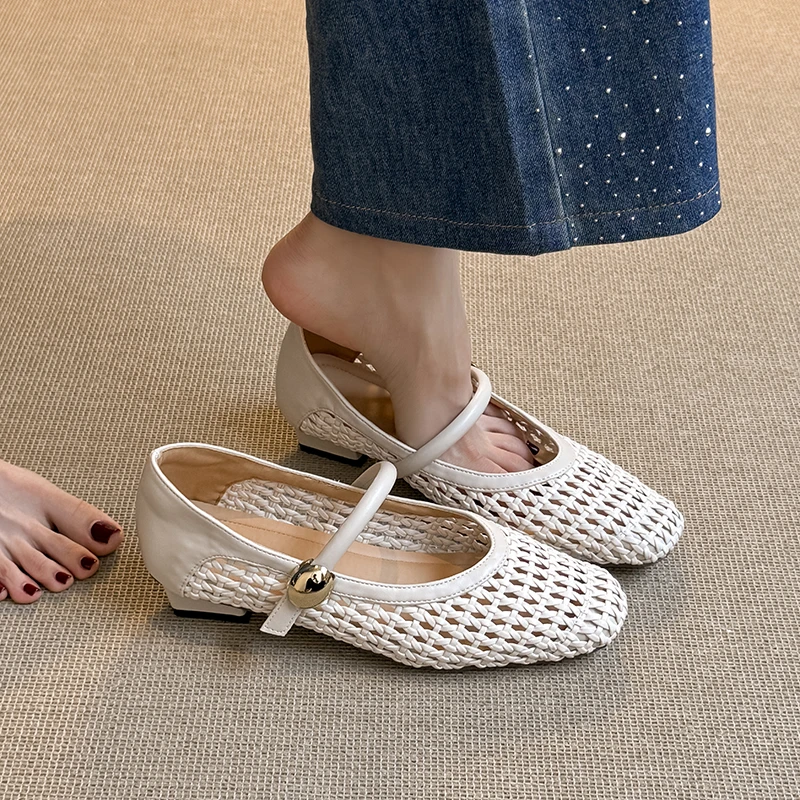 XYX-2025-5复古米白编织镂空内增高玛丽珍单鞋女一字带浅口小皮鞋
