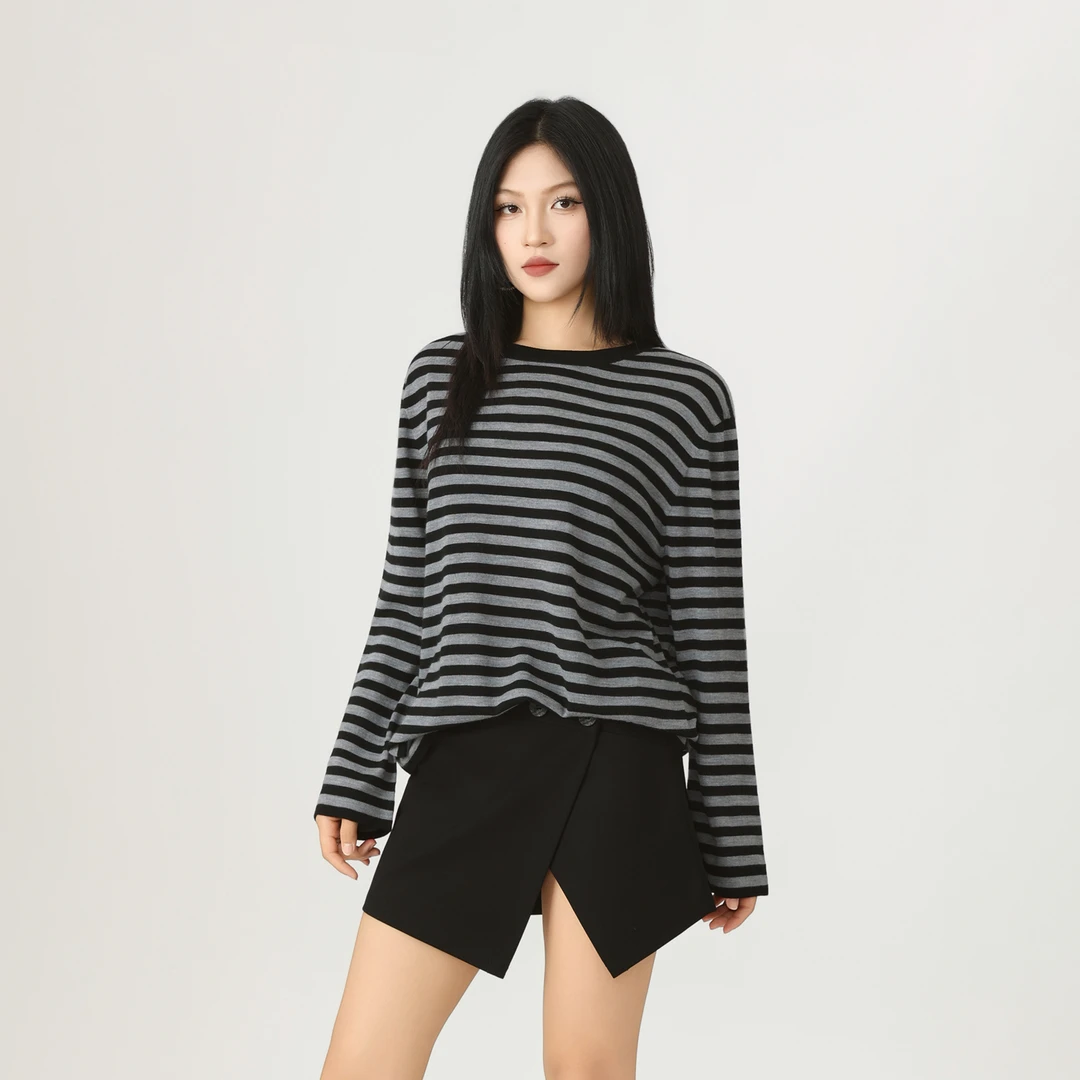 GIRDEAR/哥弟真的好新款女装宽松条纹慵懒风条纹毛针织衫838003