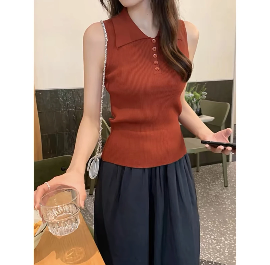【现货】气质复古无袖POLO领背心女小众设计感修身针织上衣