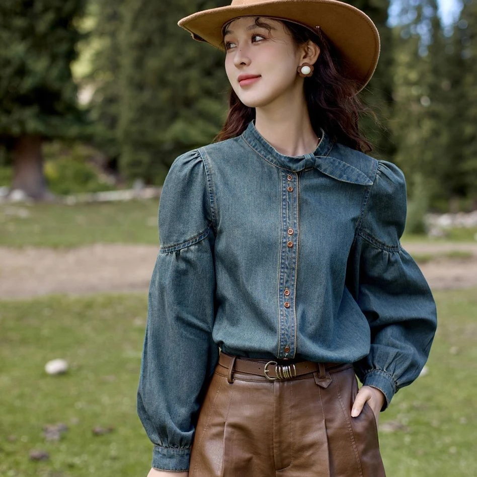 法式复古牛仔衬衫女2025秋季泡泡袖立领显瘦小众洋气百搭牛仔衬衣