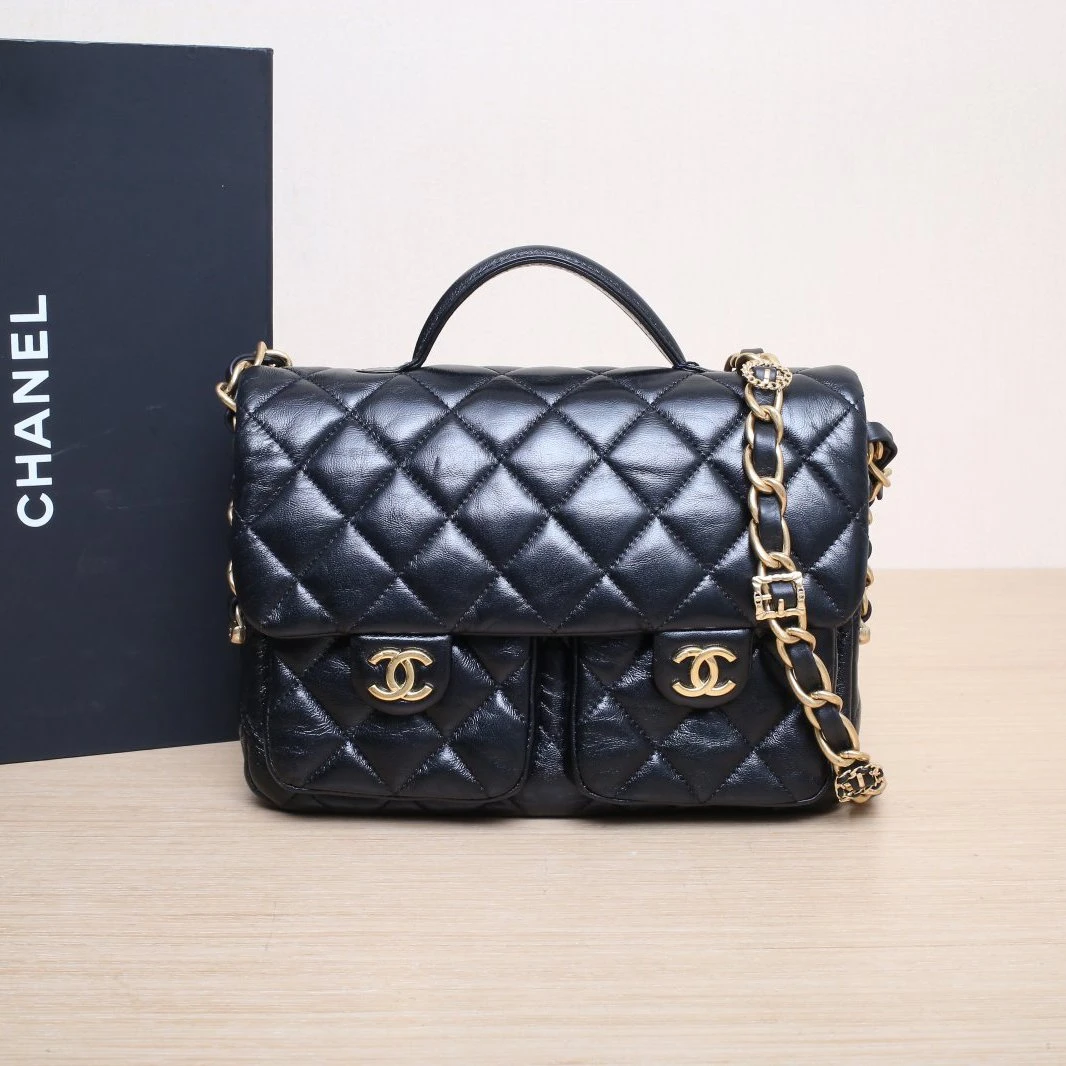 95新 Chanel/香奈儿 【双双】24A 双口袋手柄邮差包 26 芯片开