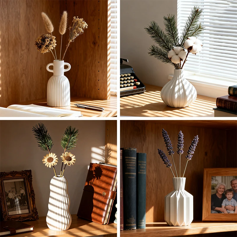 北欧简约白色陶瓷花瓶小众创意条纹纹理桌面客厅插花轻奢装饰摆件