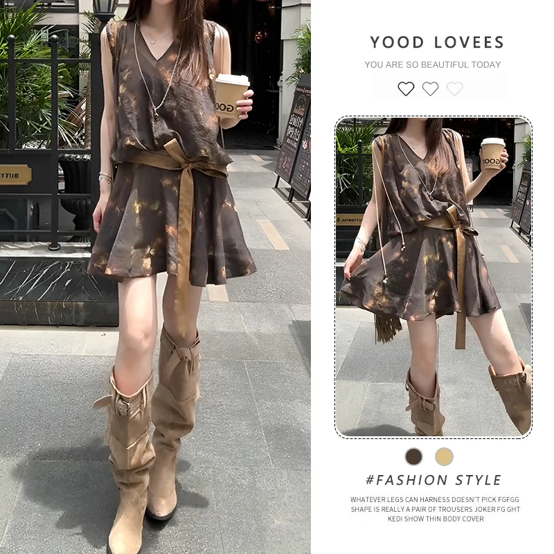 夏季新款宽松短款V领抽绳腰封背心连衣裙小众复古晕染花A字短裙女