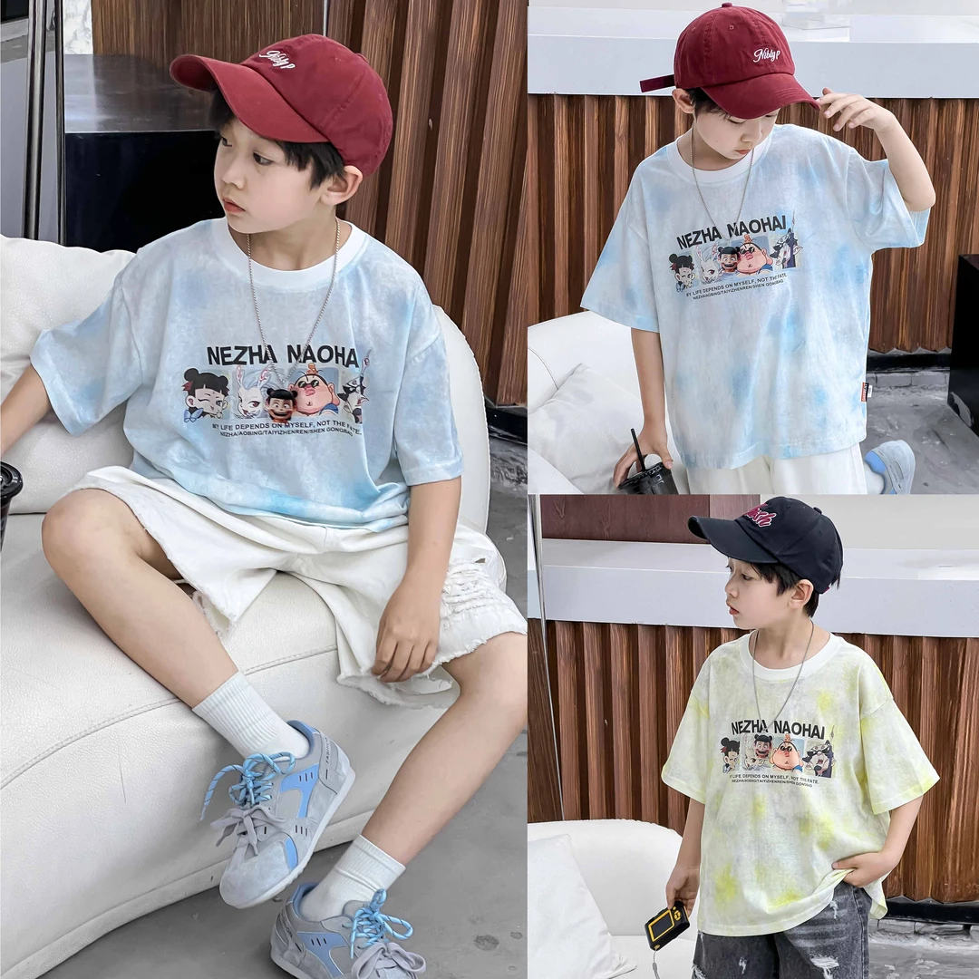 冰丝雪花棉童装短袖T恤薄款轻柔透气哪吒卡通潮流男童休闲中大童