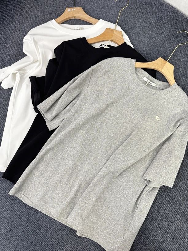 打底衫T恤短袖休闲风简约纯色常规型立体装饰宽松春夏中长款