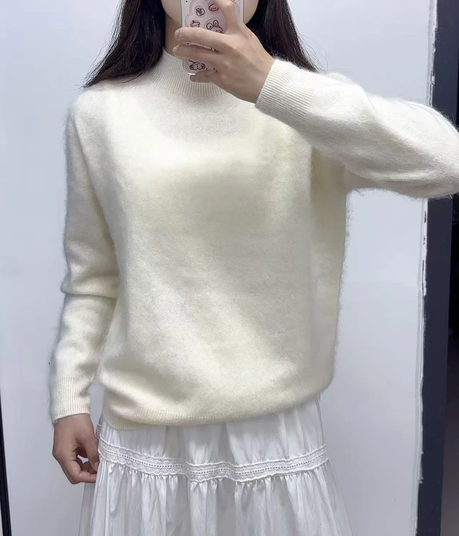 针织常规衫纯色宽松圆领内搭半高领常规款百搭百分百羊毛