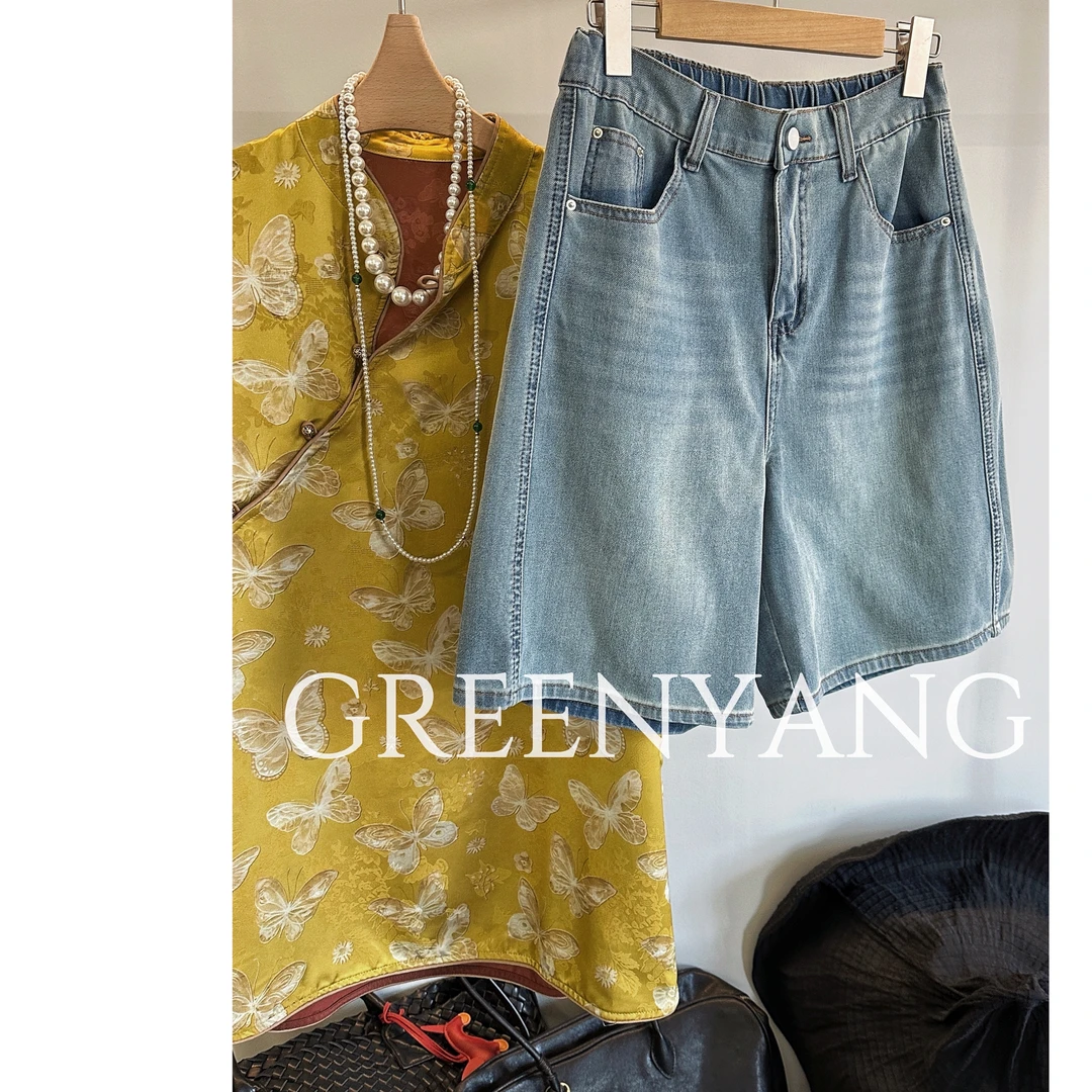 老羊家~五分裤百搭中腰设计感阔腿裤夏季新款浅蓝色牛仔裤短裤女