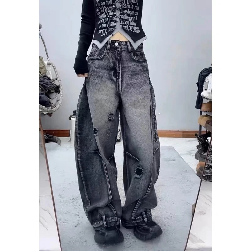 欧货百搭美式做旧弯刀牛仔裤女2025宽松新款高腰爆款显瘦阔腿裤子