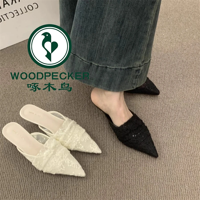 啄木鸟蕾丝包头拖鞋女2025外穿法式绝美凉拖3cm小猫跟尖头穆勒鞋