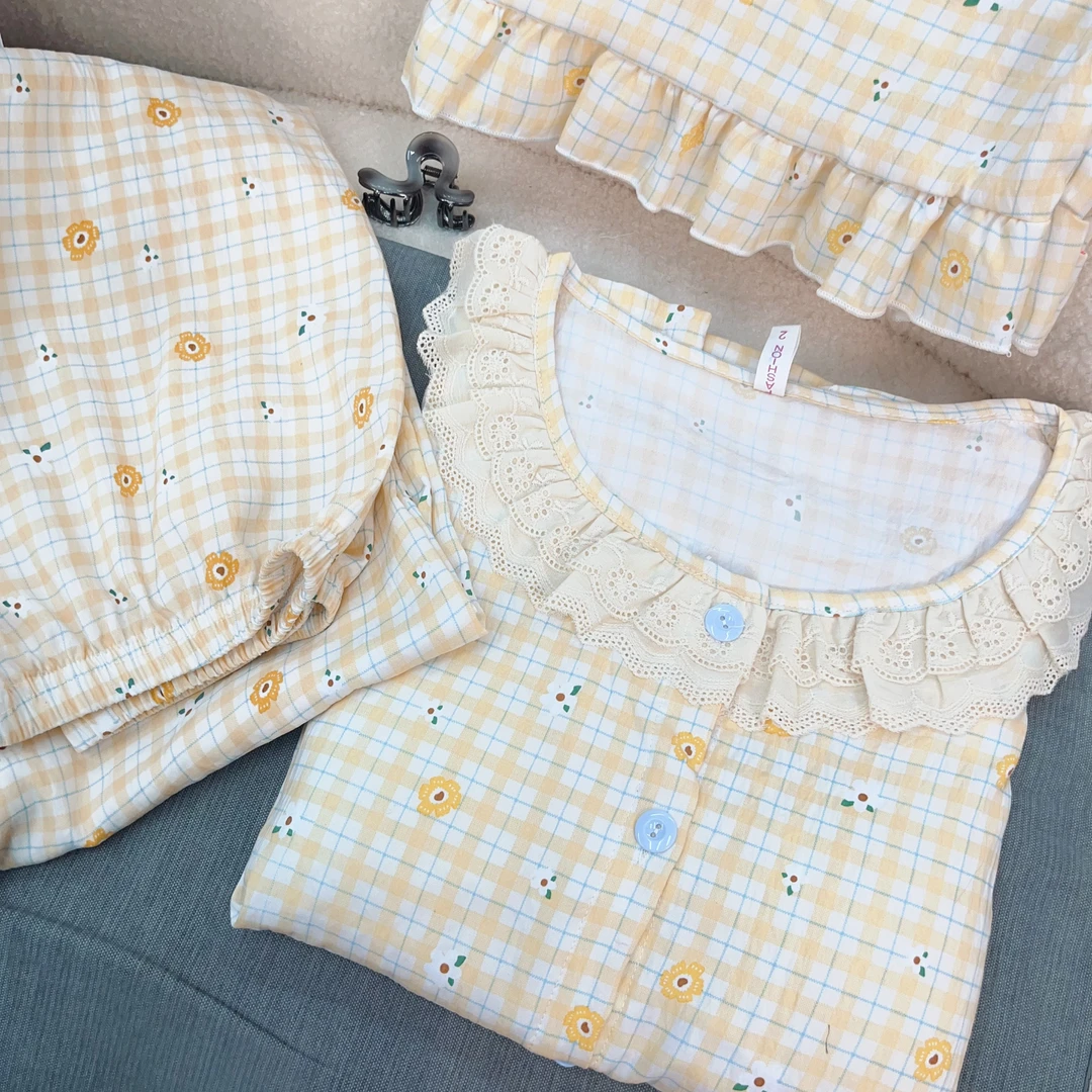 【R625】夏款黄格小花短袖短裤+长裤三件套+胸垫【开衫款】