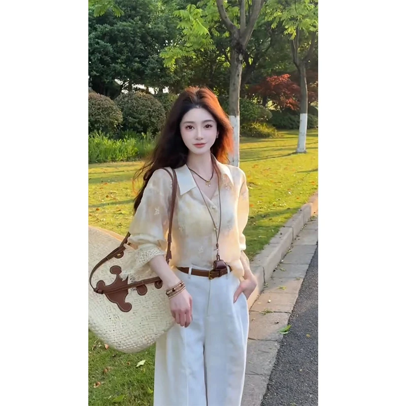 2025夏季时尚通勤韩版气质设计感长袖衬衫女高腰长款阔腿裤两件套