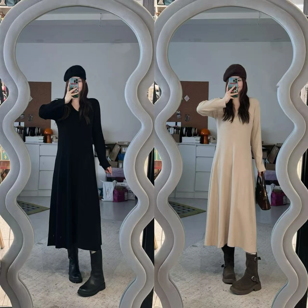 晶咕【摇曳生姿！】气质V领针织显瘦A字连衣裙