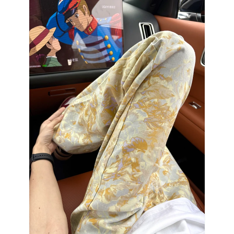 美式高街满印微喇牛仔裤男夏季高级感痞帅裤子显高显瘦修身直筒裤