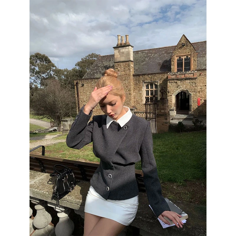 2025秋季新款富家千金小香风假两件毛呢外套女+高腰包臀半身短裙