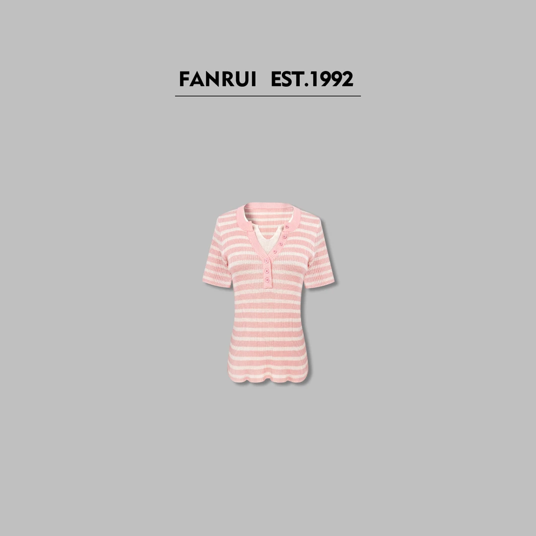 FANRUI/泛芮「千金缪斯」条纹V领时髦洋气高级感短袖T恤XY15826