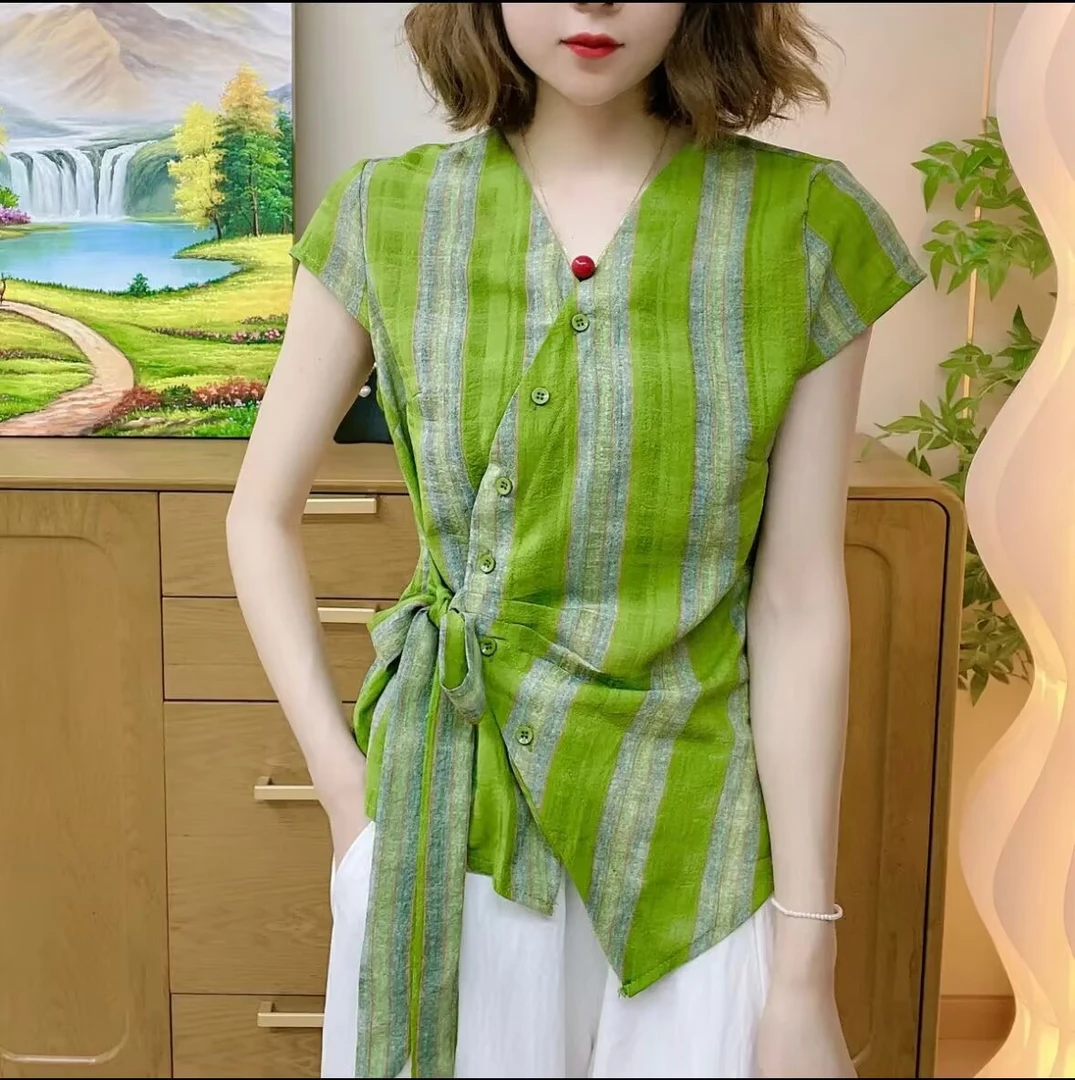 夏季新款休闲洋气短袖气质百搭V领显瘦开衫扣上衣小衫系带时尚