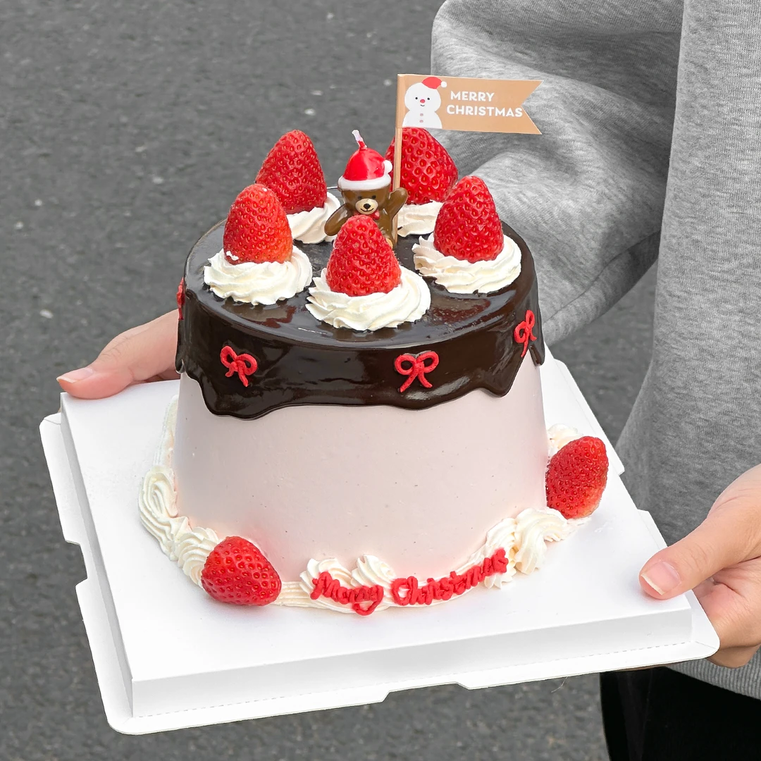 2026圣诞节草莓蛋糕装饰网红圣诞帽小熊蜡烛摆件圣诞快乐小旗插件