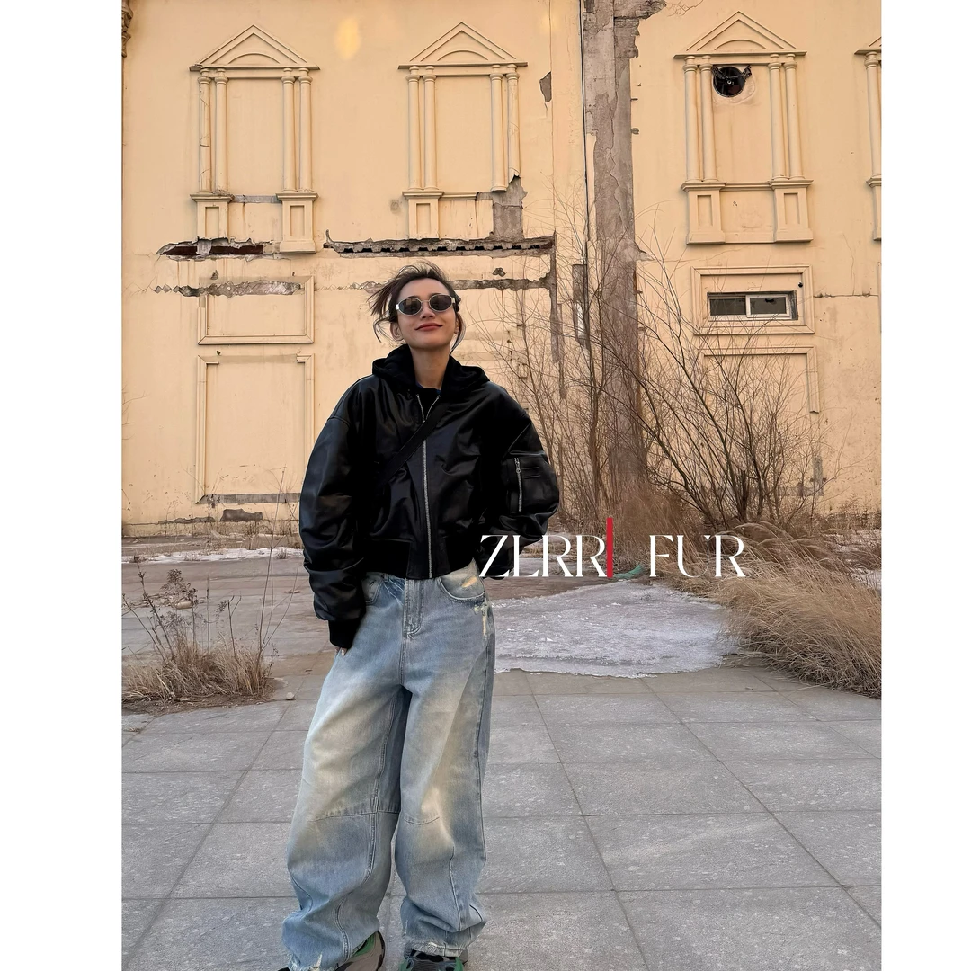 【ZLRR】宽松休闲连帽可拆卸棒球服款双面穿绵羊皮外套59281