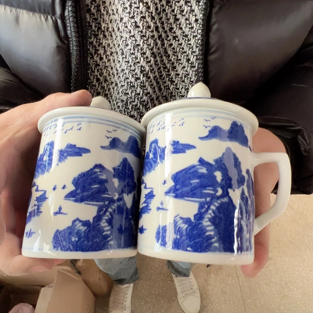瓷景德镇高温陶瓷青花山水办公杯2只