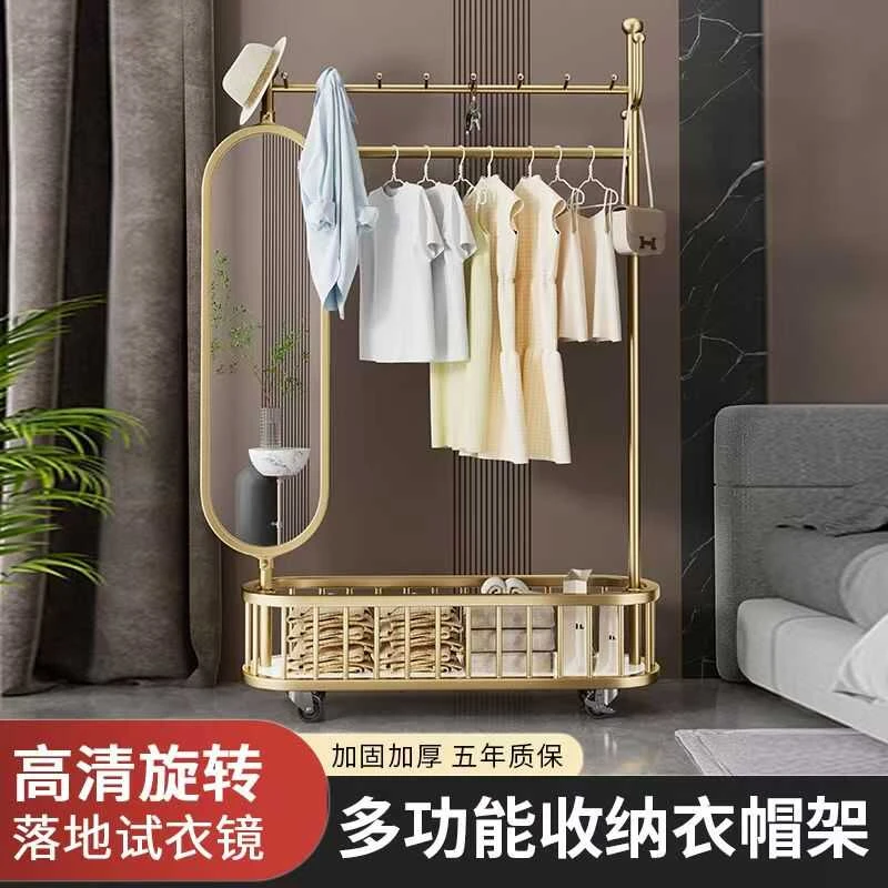 轻奢家用卧室衣帽架全身镜落地镜可移动试衣镜带挂衣架置物穿衣镜