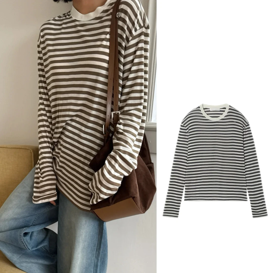 UHOO WU 25春夏新款条纹宽松T恤针织长袖百搭T恤显瘦时尚圆领T