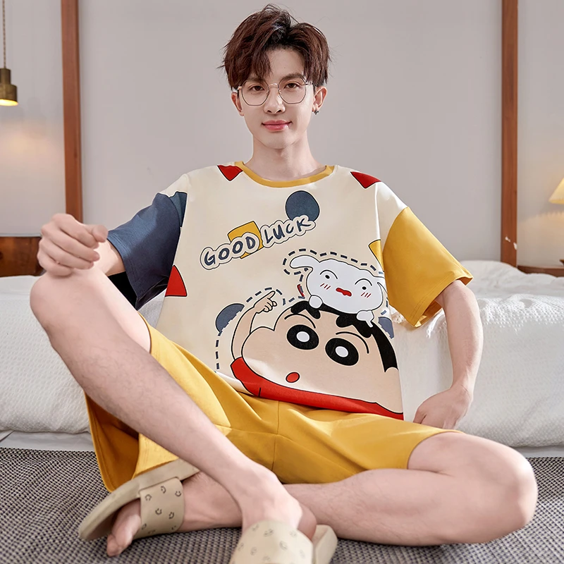 纯棉男士睡衣夏季短袖薄款卡通男款青少年学生大码夏天家居服套装