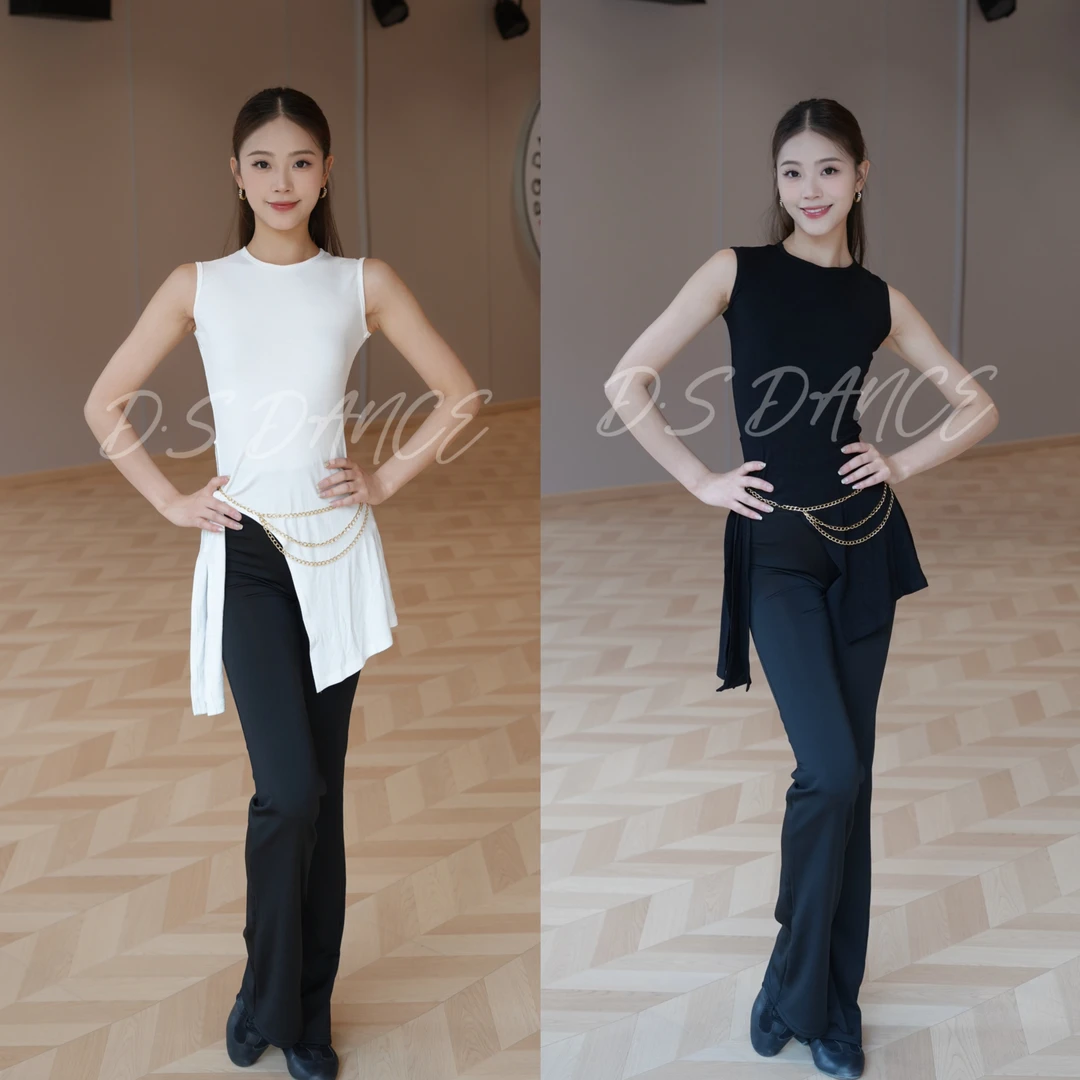 D·S舞服夏季新款舒适透气教课练舞拉丁国标舞服黑白两色无袖绑带