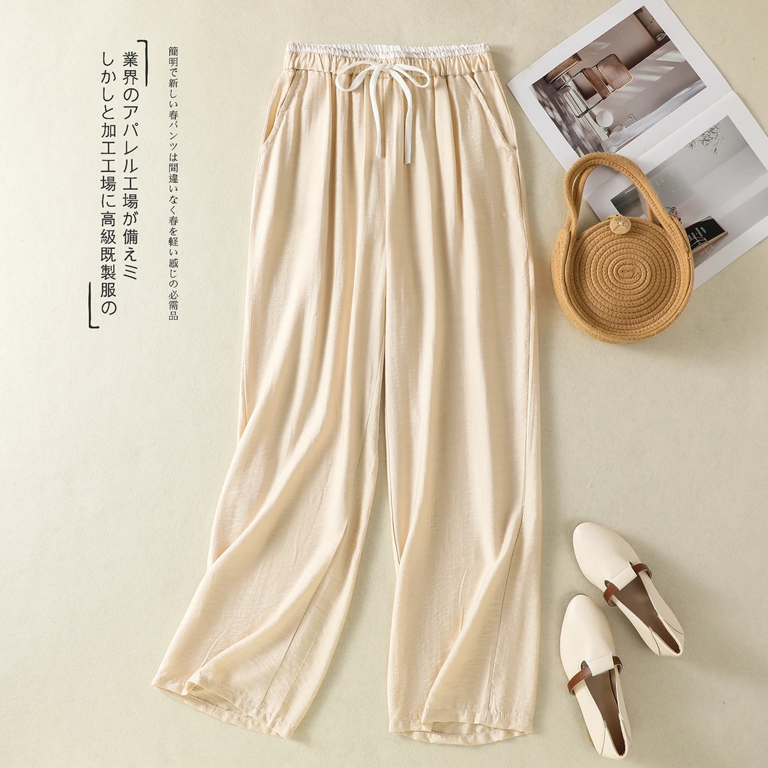 中年妈妈夏天薄款裤子女小个子棉麻亚麻阔腿裤女装九分休闲直筒裤