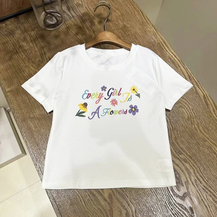 夏季女大童休闲T恤白色百搭宽松圆领印花短袖女童夏装-SU738