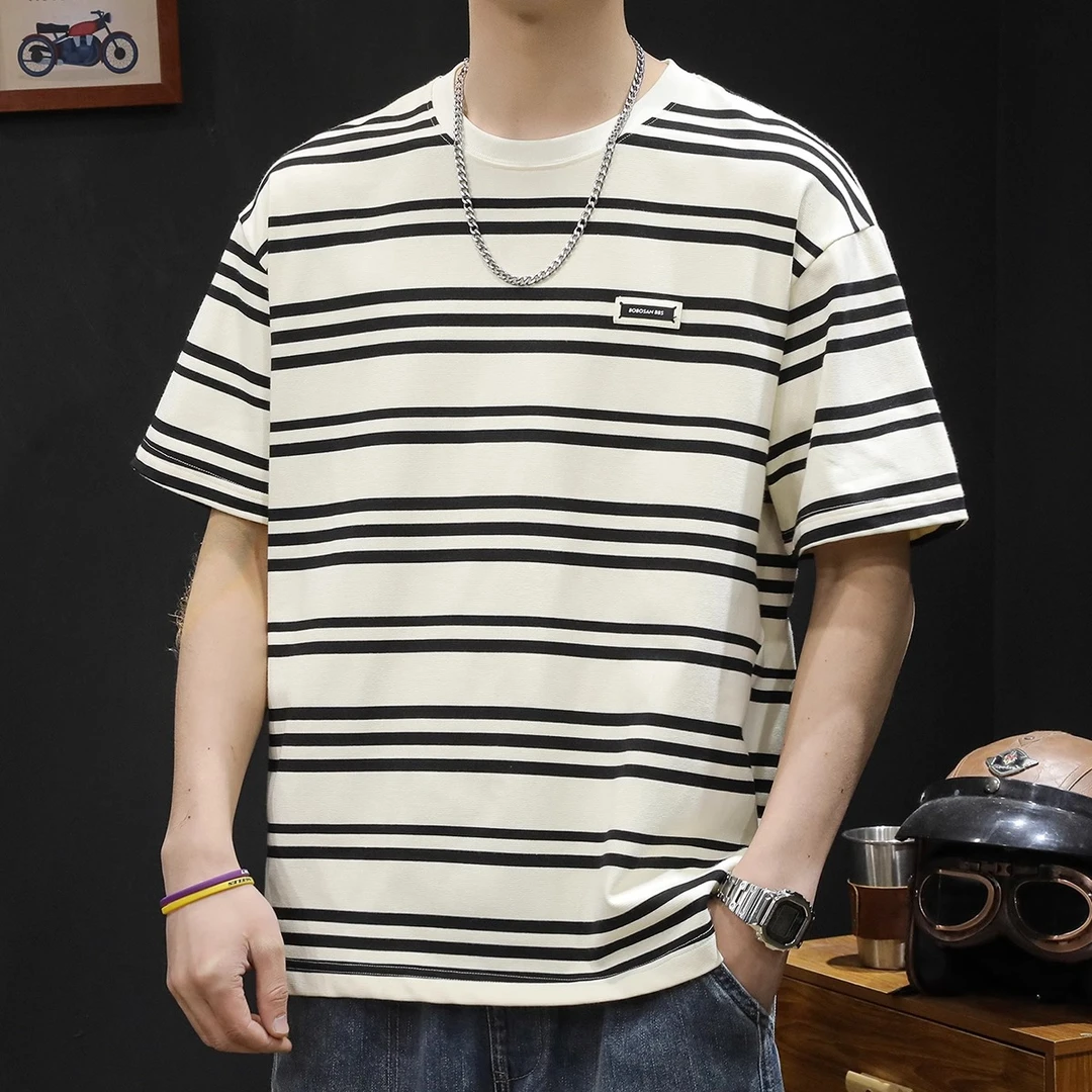条纹短袖t恤男士衣服夏季2025新款半袖大码潮牌美式重磅男装体恤