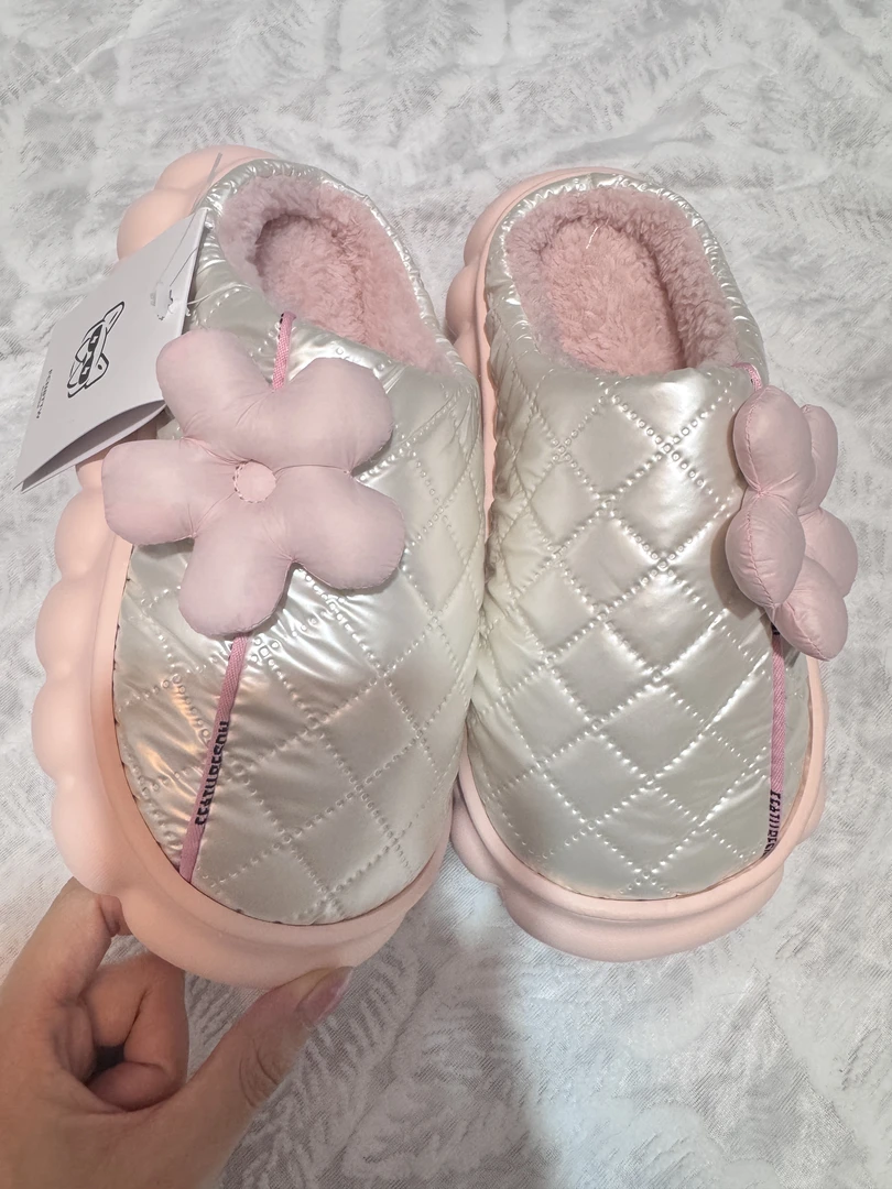 花朵羽绒防水厚底棉拖鞋