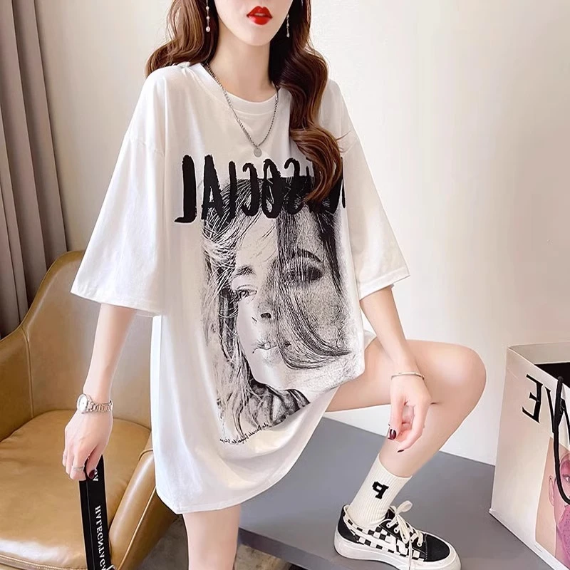 白色短袖T恤女2025夏季新款下衣失踪欧货大版宽松中长款半袖上衣