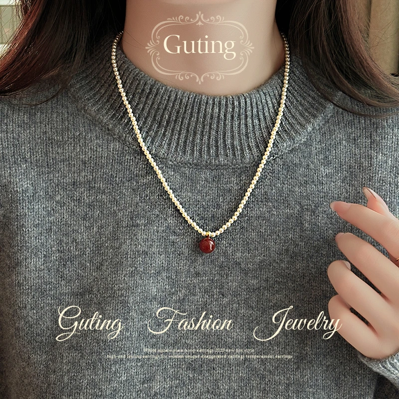 铜合金合成锆石吊坠 【全额运补】 5774红色珠珠毛衣链配饰高级轻奢