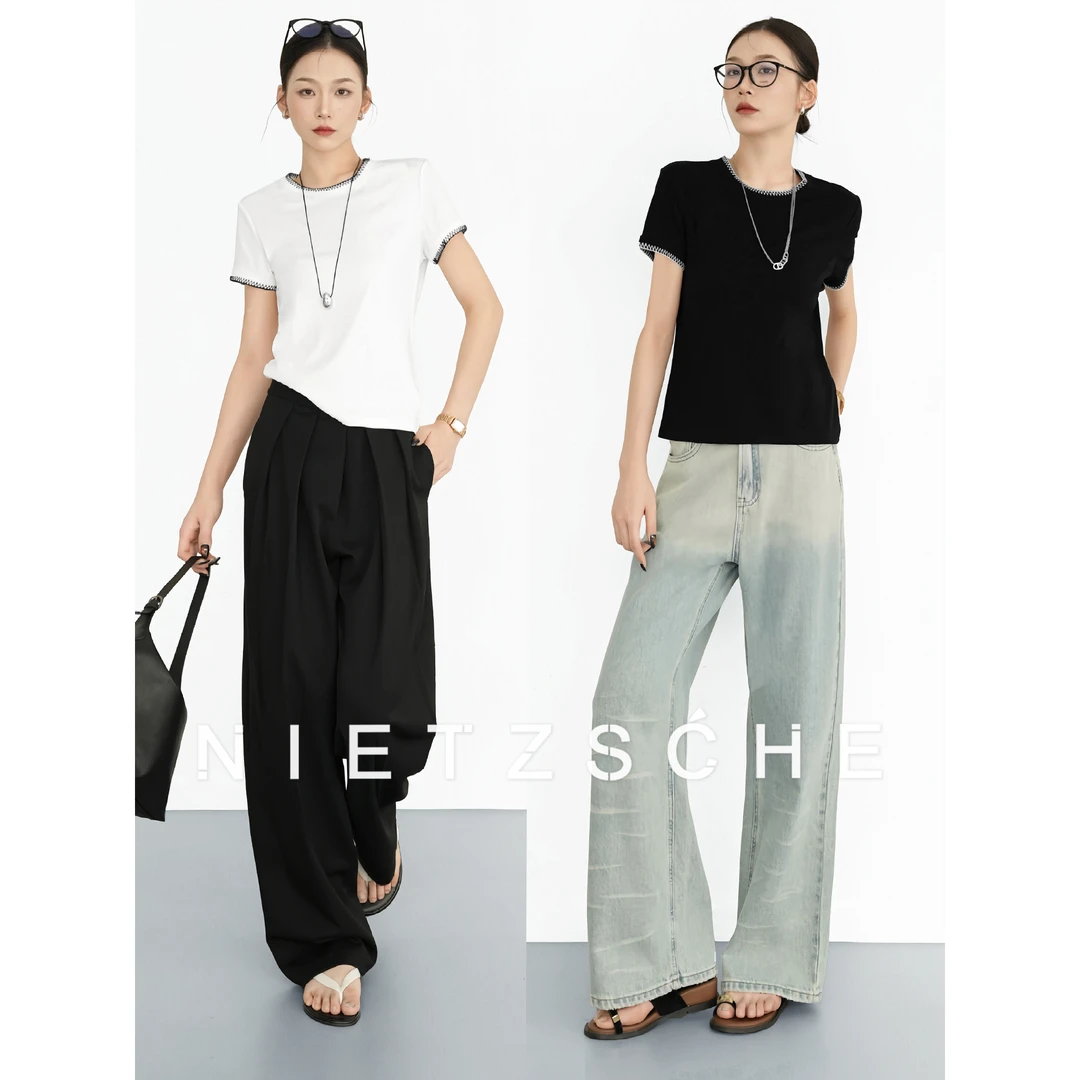 Nietzsche|曲牙工艺T|不费力时髦 圆领包边绣 简约撞色 T恤90009